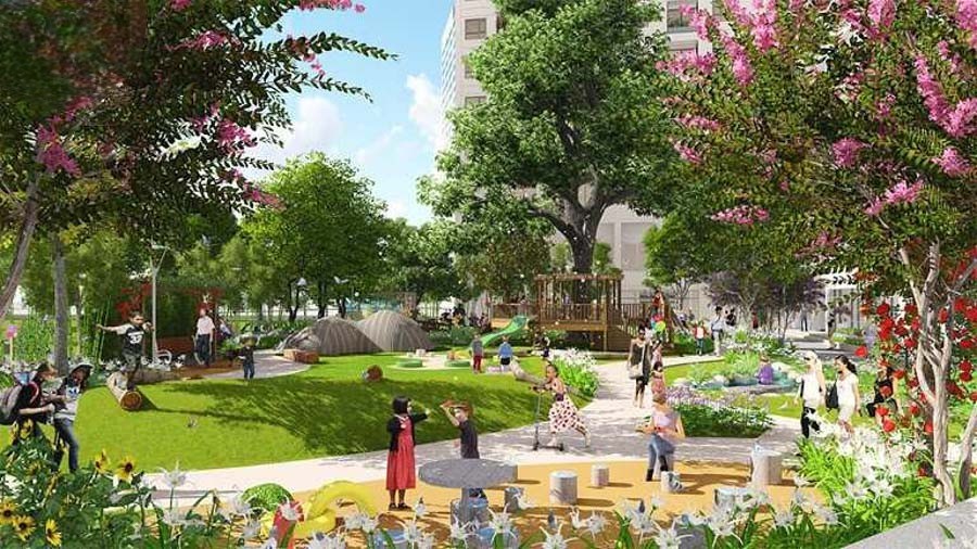 Phần lớn diện tích đất xây dựng PG An Đồng là cây xanh và tạo cảnh quan phục vụ cho cư dân.